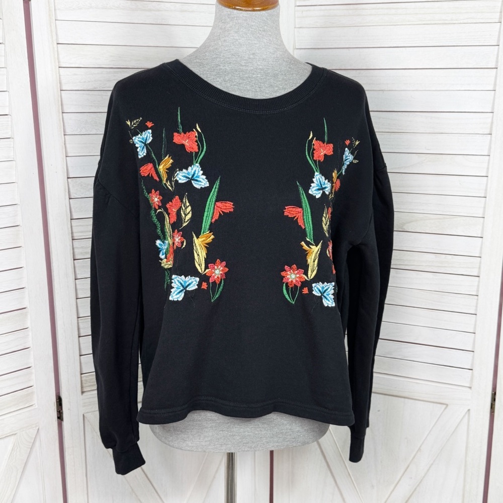 Jack &‎ Rae Embroidered Floral Cropped Sweatshirt Black XS